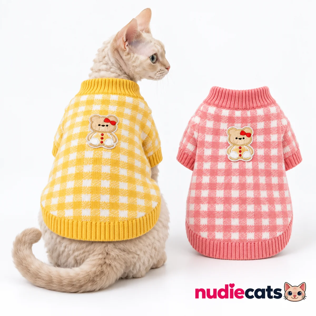 Sphynx cat wearing Honey Teddy beside Blush Teddy pink gingham knit cat sweater