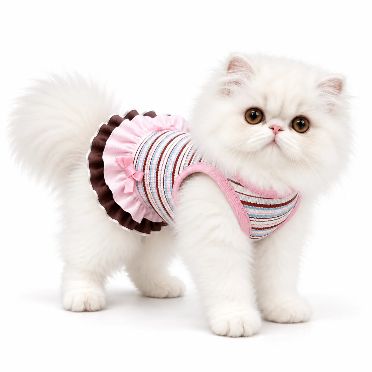 Candy Stripe Ruffle Cat Dress shown on a white Persian cat against a white e-commerce background