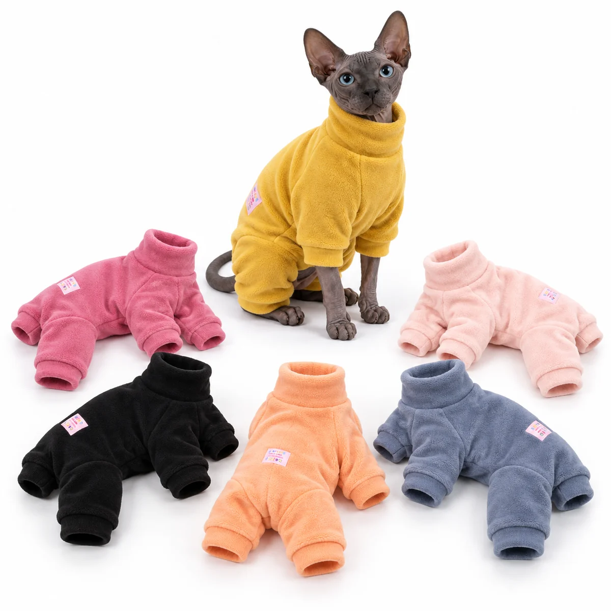 Sphynx cat wearing a Sunshine Yellow Plush Winter Onesie surrounded by the six available colourways