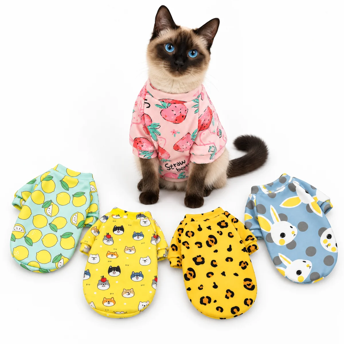 Cat wearing the Strawberry Picnic Everyday Doodle Cat Jumper beside four additional print colourways
