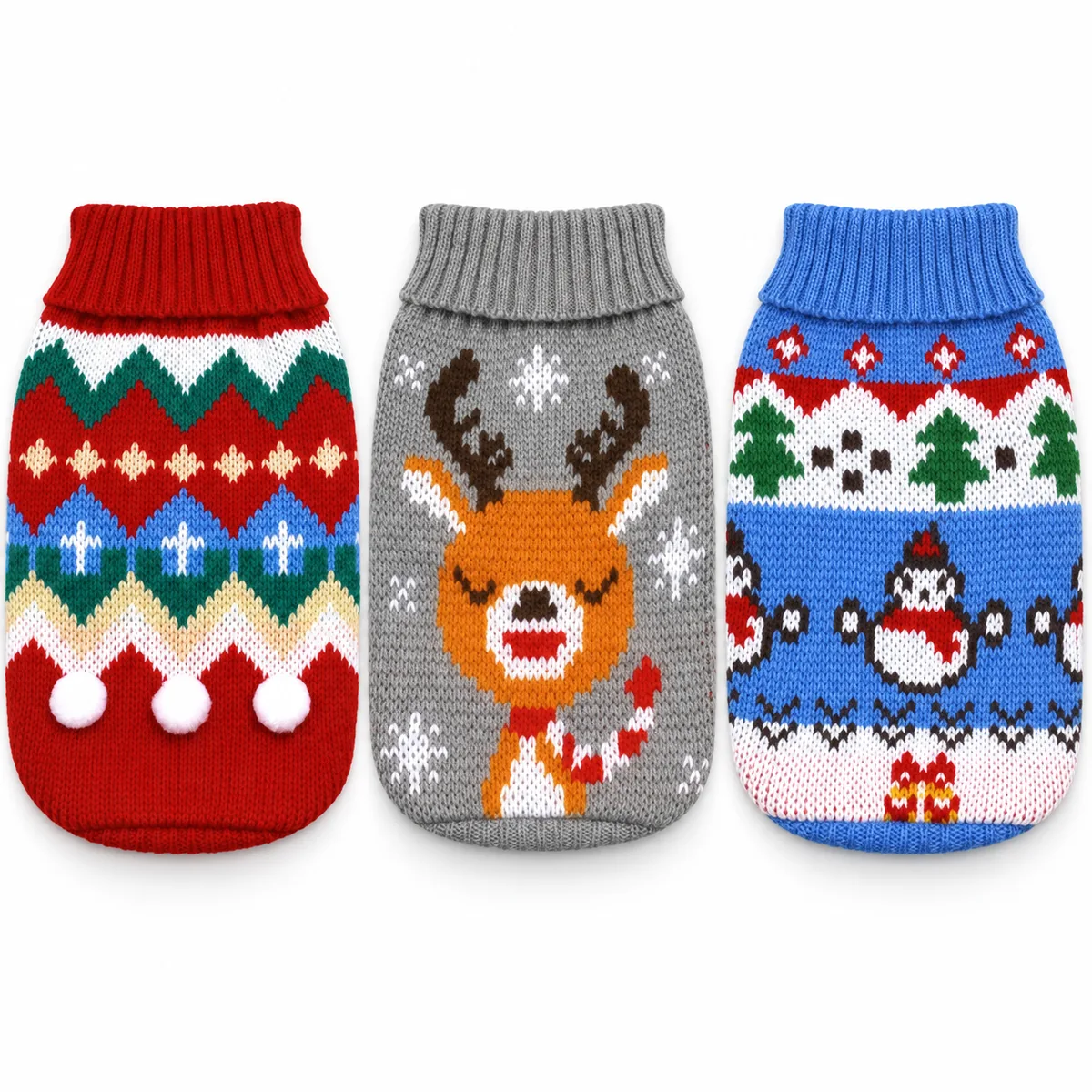 Three festive knit cat sweaters in Snow Day Blue, Christmas Elk and Cosy Christmas