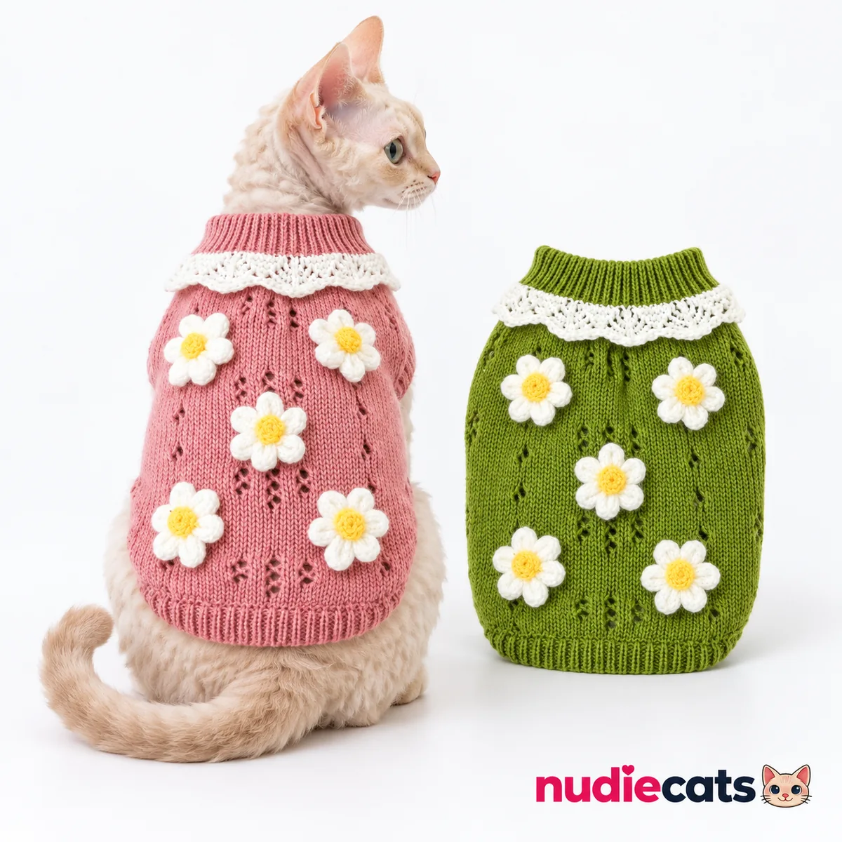 Daisy Daydream Knit Cat Sweater worn by a cream cat beside Blush Daisy and Meadow Daisy knit options