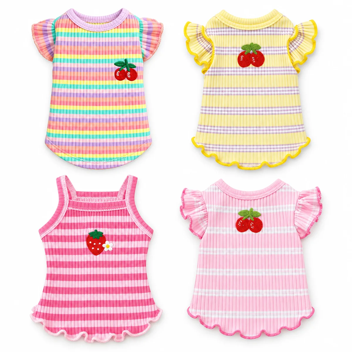 Four Sweet Stripe Summer Cat Top styles in colourful striped singlet and ruffle designs