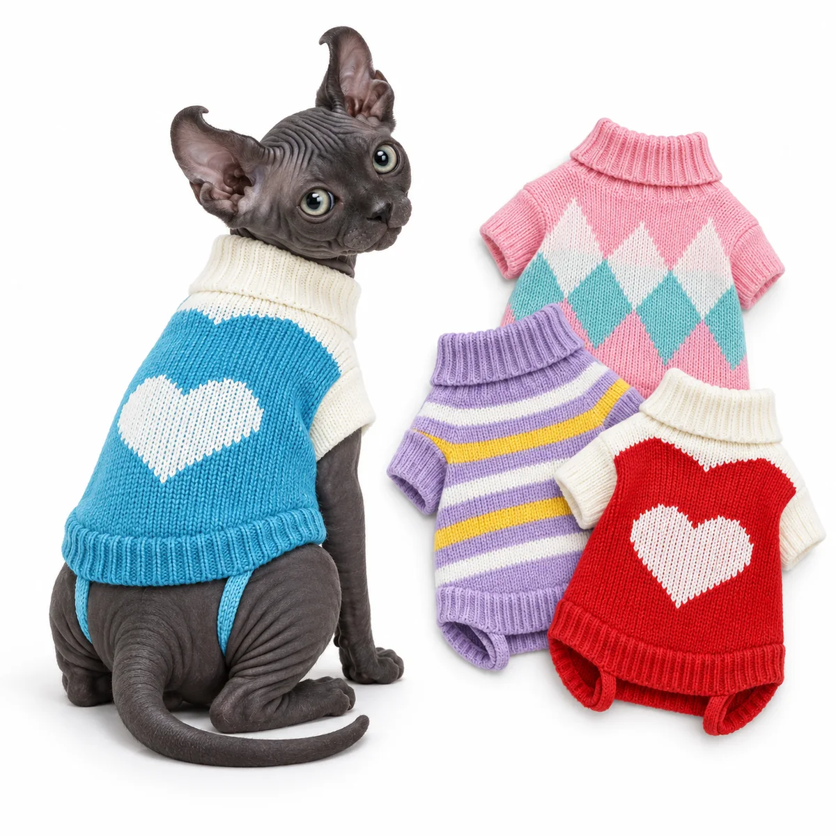 Cat wearing the Bluebell Heart knitted romper beside Blush Diamond, Lavender Parade and Cherry Heart styles