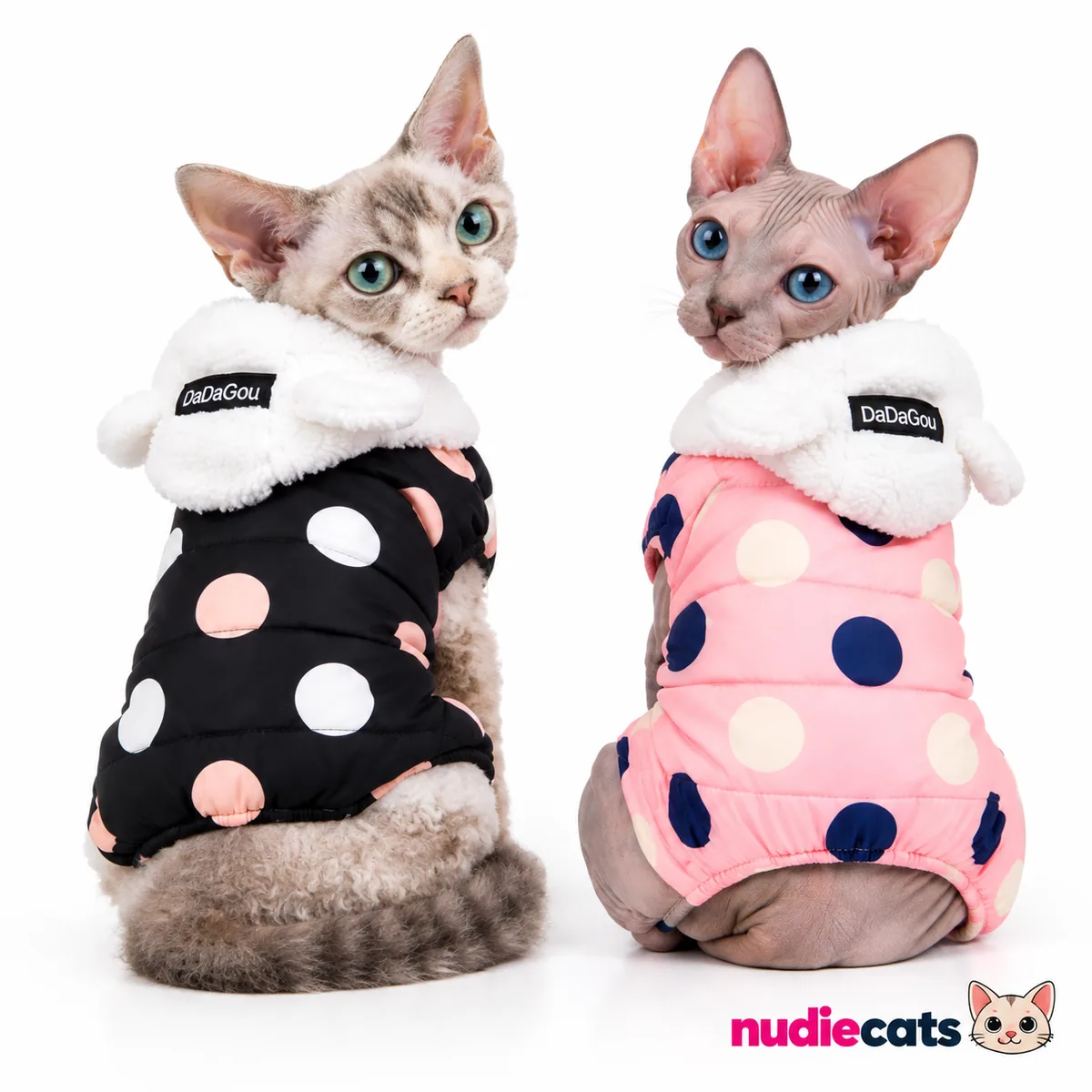Two cats wearing Midnight Bubbles and Blush Bubbles Polka Dot Patrol cotton cat rompers