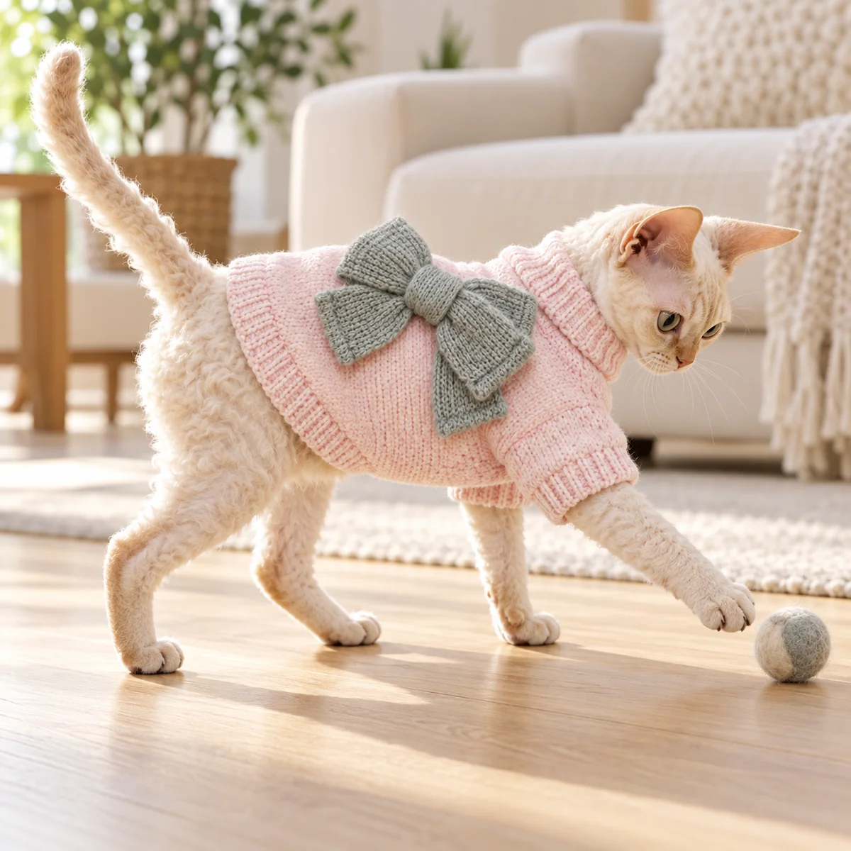 Cat wearing blush pink bow knit sweater