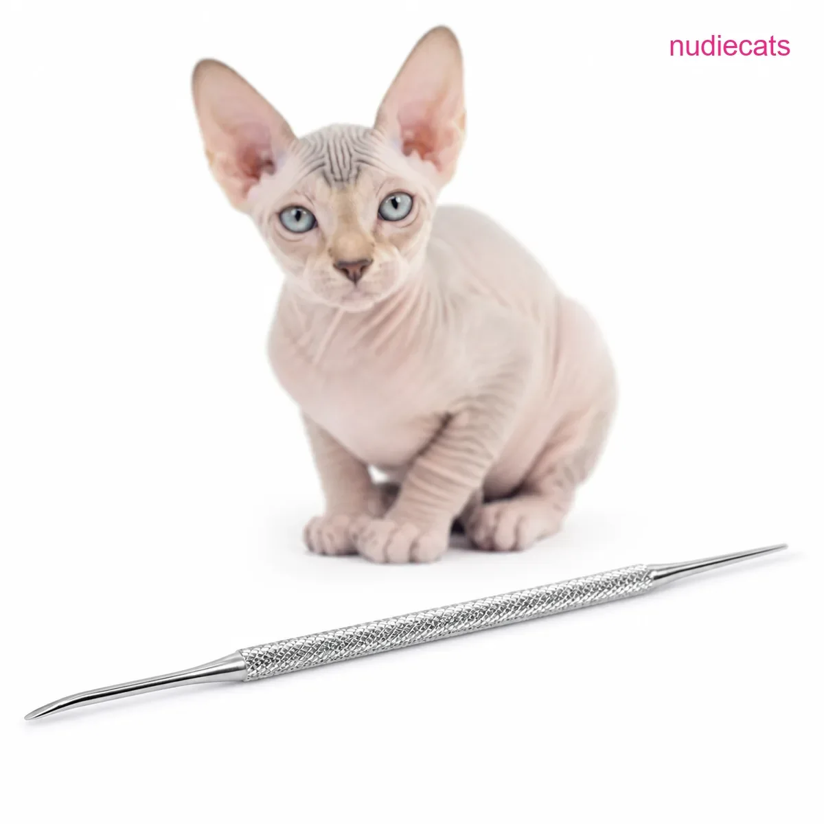 Sphynx cat with Purrfect Point Stainless Steel Cat Manicure Tool on white background