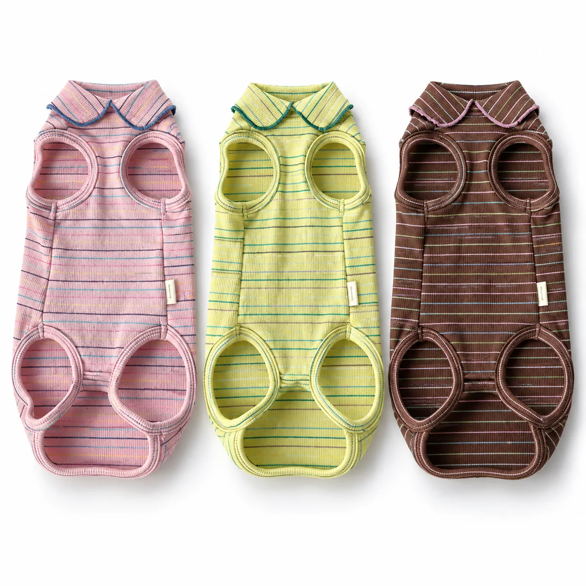 Three striped cotton cat pyjama onesies in Blush Stripe, Lime Sorbet and Cocoa Stripe