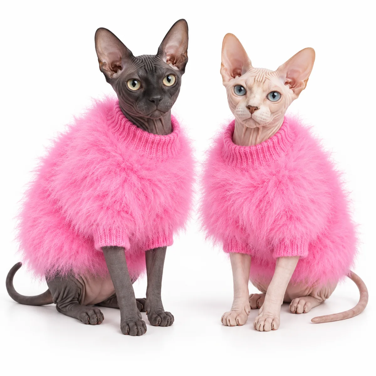 Two Sphynx cats wearing matching pink fluffy cat sweaters