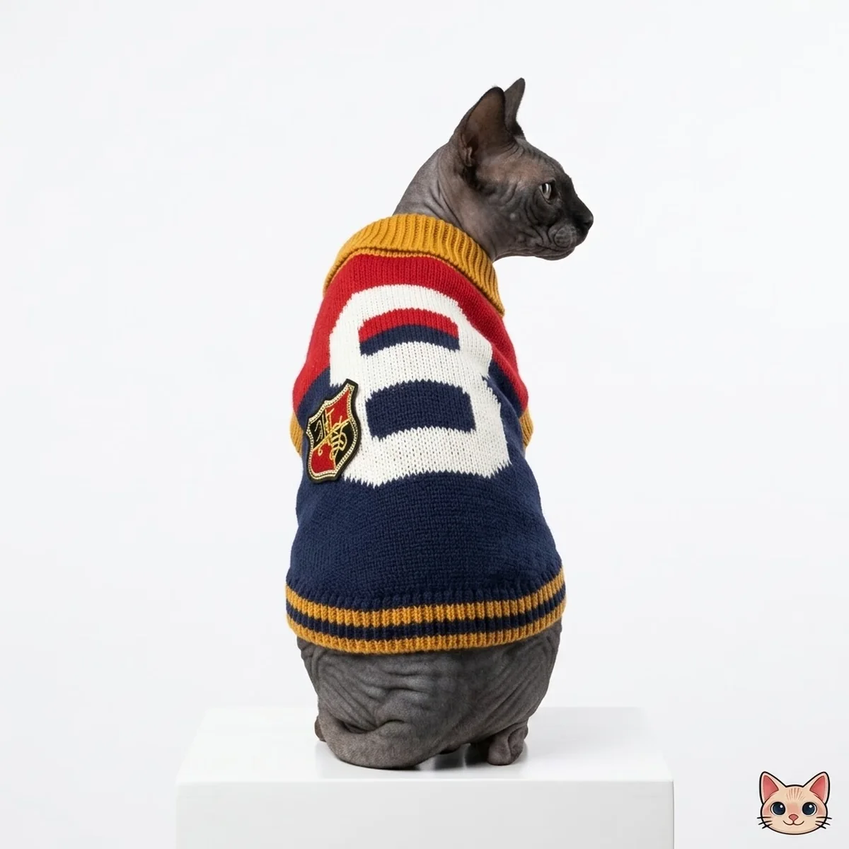 Sphynx cat wearing navy and red varsity cat sweater