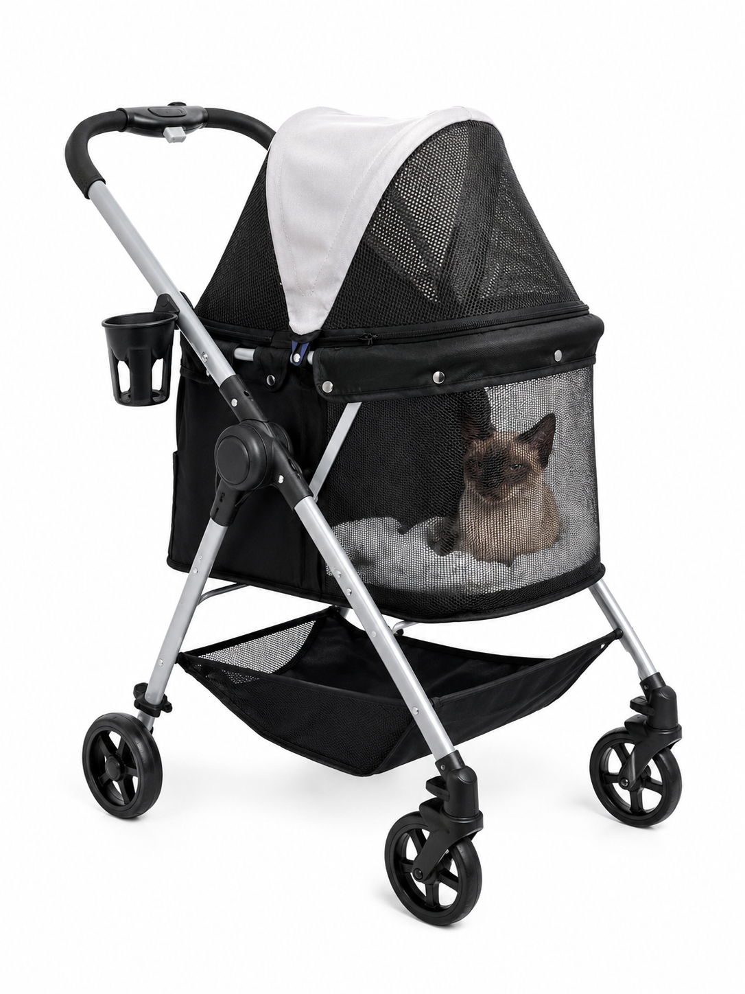 Adventure Cruiser Pet Pram in black and silver, product view with a cat sitting inside the mesh cabin.