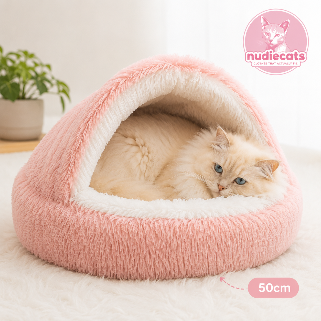 Hideaway Cloud Cave Bed in Blush Cloud pink — soft enclosed cat cave bed with plush interior, front view