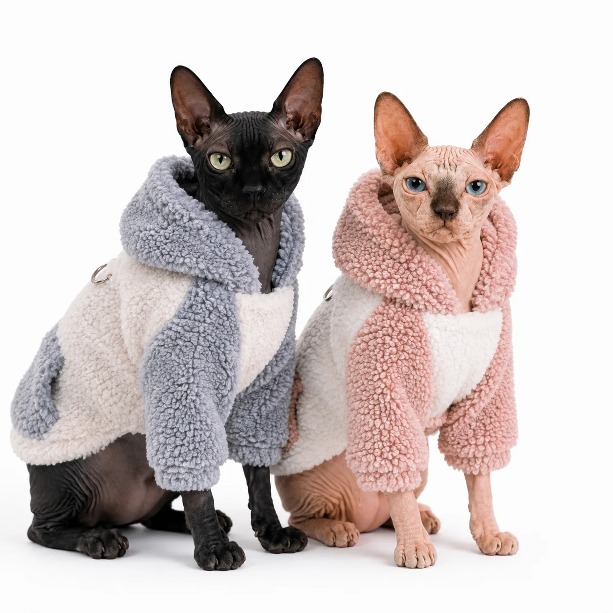 Two hairless cats wearing Cloud Mist (Grey) and Rosy Blush (Soft Pink) Cloud Cuddle Hoodies, lifestyle hero view.