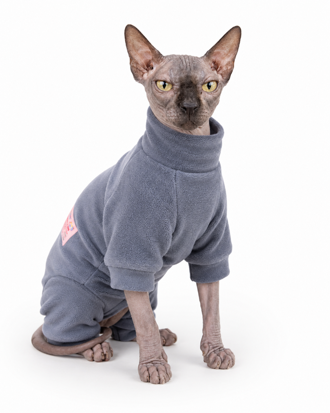 Cat wearing the Plush Winter Onesie by NudieCats — warm full-body coverage