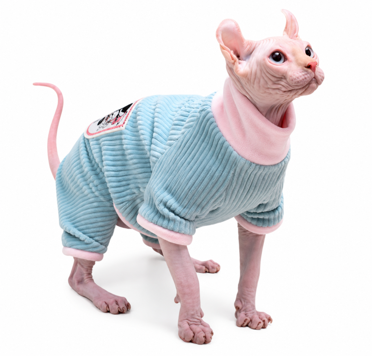 Hairless cat wearing a light blue ribbed Snuggle Cloud Onesie (Cloud Blue) with a pink turtleneck, side profile lifestyle view.