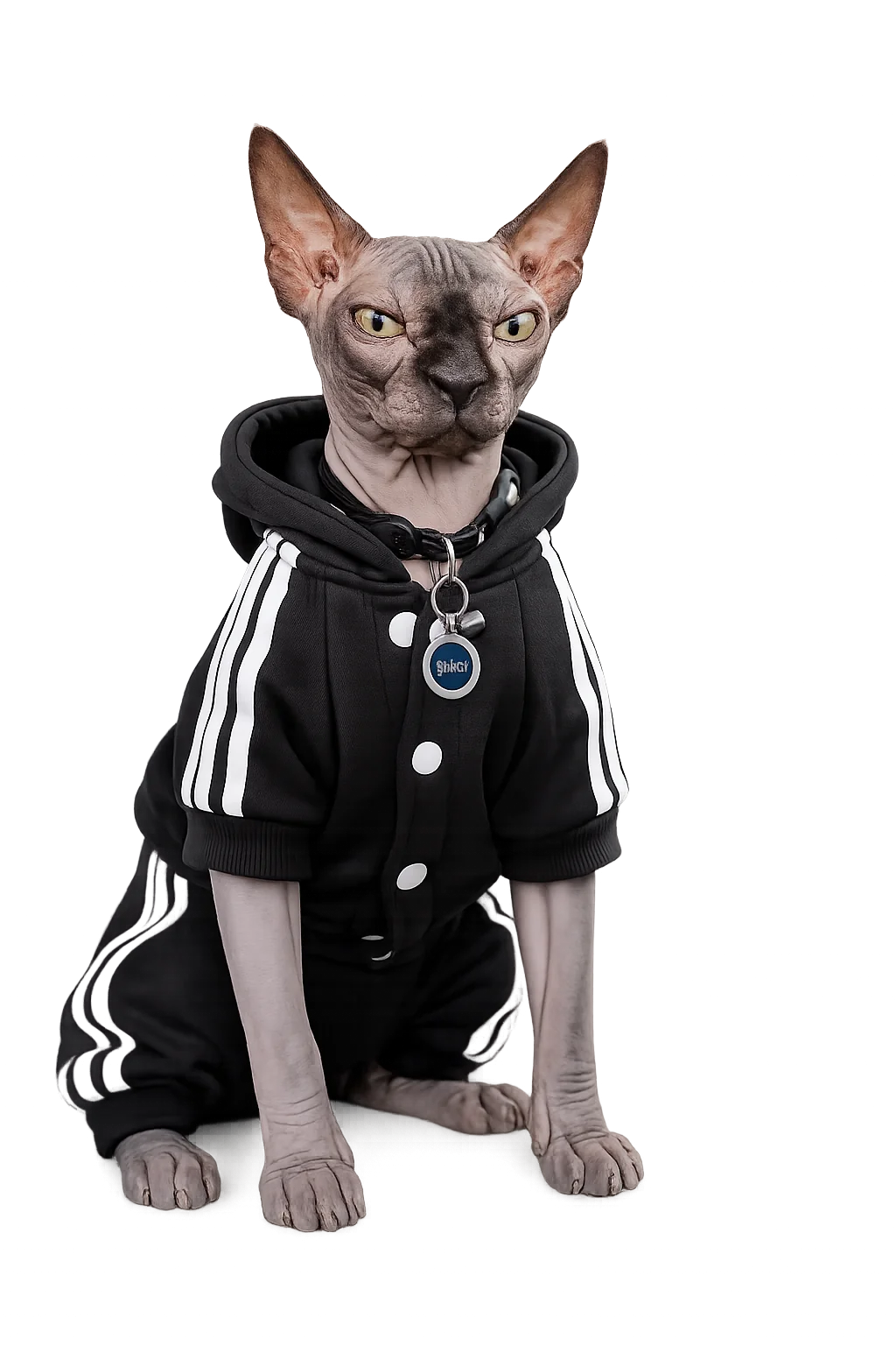 Sphynx cat wearing Midnight Black Adidog Gangsta Tracksuit, hero cat view.