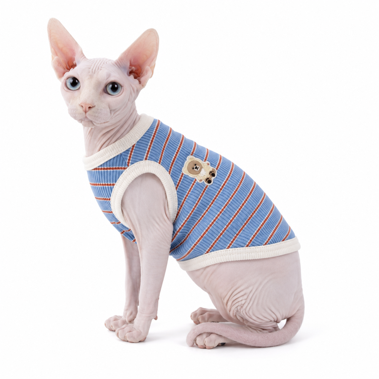 Bear Hugs Tee in blue striped Blueberry Hugs, Sphynx cat product view