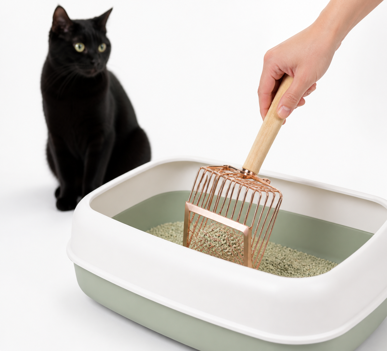 Black cat beside a litter tray while Rose Gold Rescue Heavy-Duty Purrfect Scoop is in use