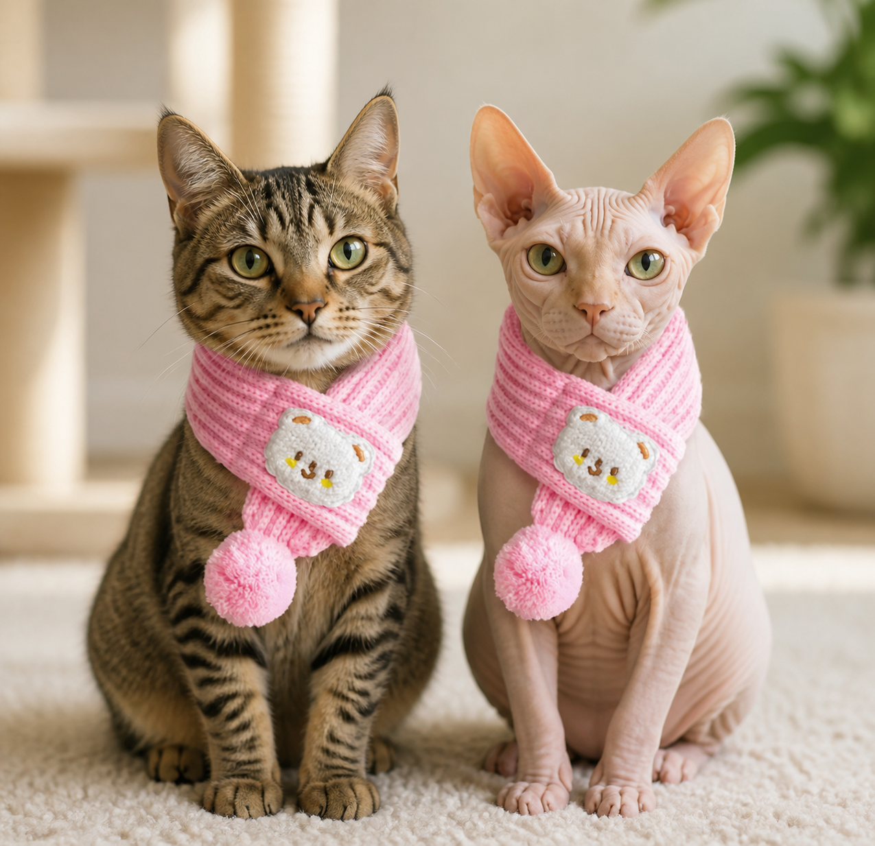 Two cats wearing Blush Whiskers pink Cosy Cloud Pom-Pom Cat Scarves