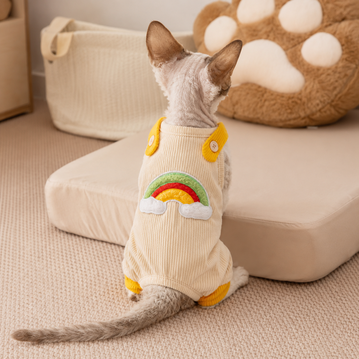 Lifestyle view of a cat wearing the Rainbow Adventure Romper in Sunbeam Vanilla.