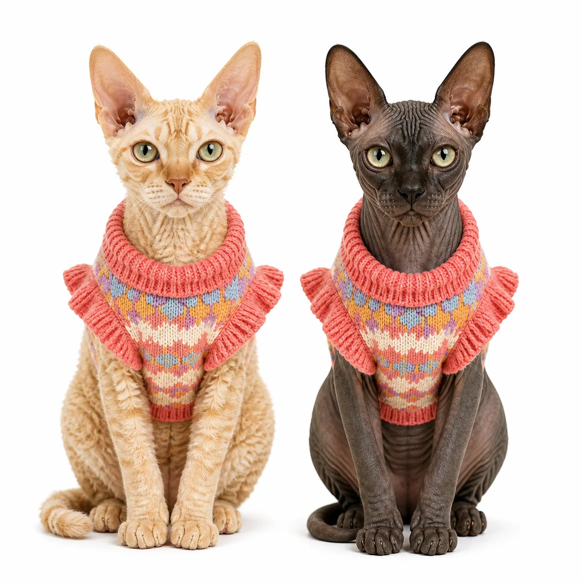 Two cats looking at the camera in Petal Parade Sweaters on a white e-commerce background