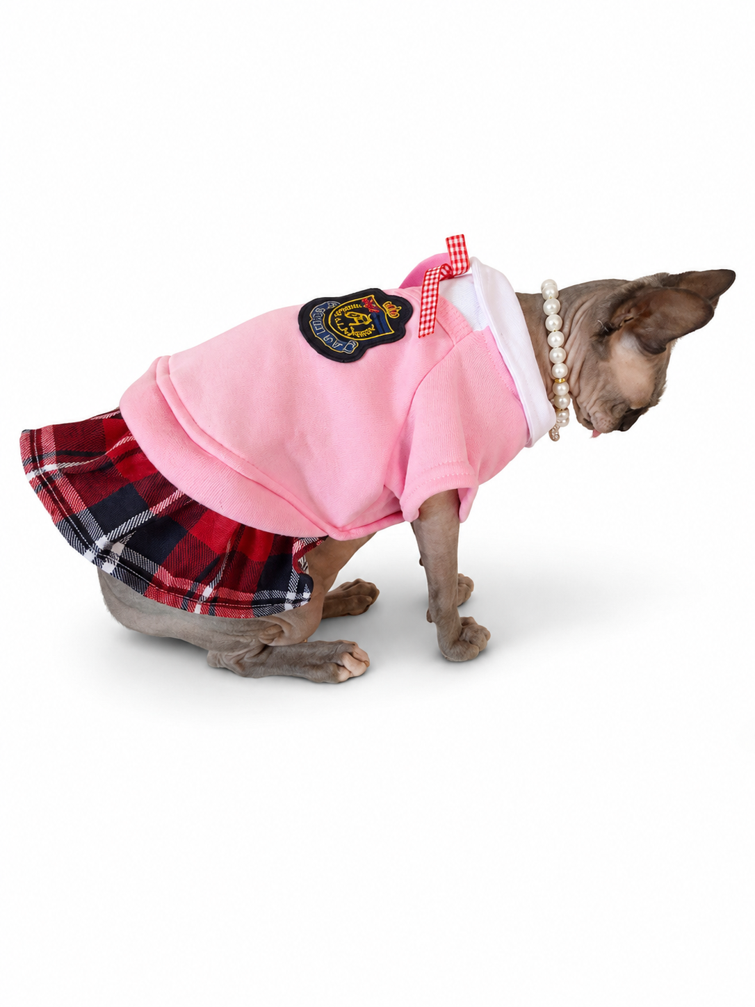 Prep School Princess Dress in Blush Academy pink — sphynx cat wearing plaid school dress, side view
