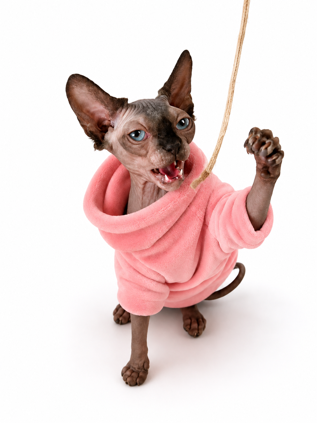 Hairless cat in Dolly Orange Plush Hooded Jumper playing with string, lifestyle view