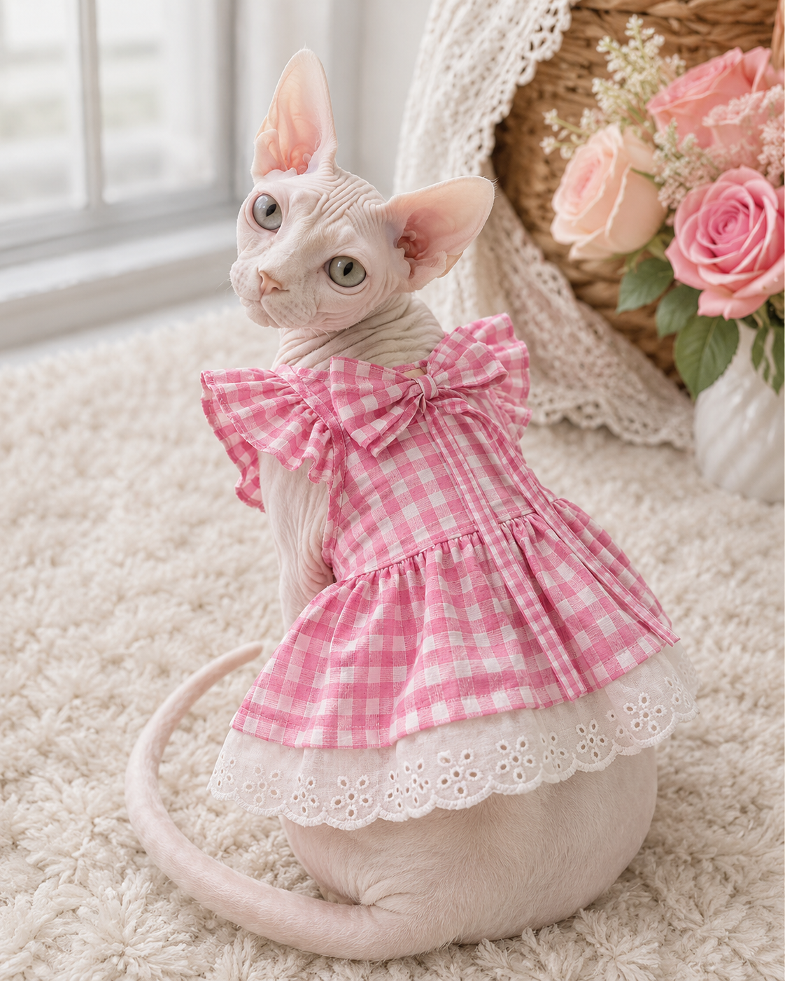 Cat wearing Blossom Picnic pink gingham Cupcake Bow Dress, lifestyle view