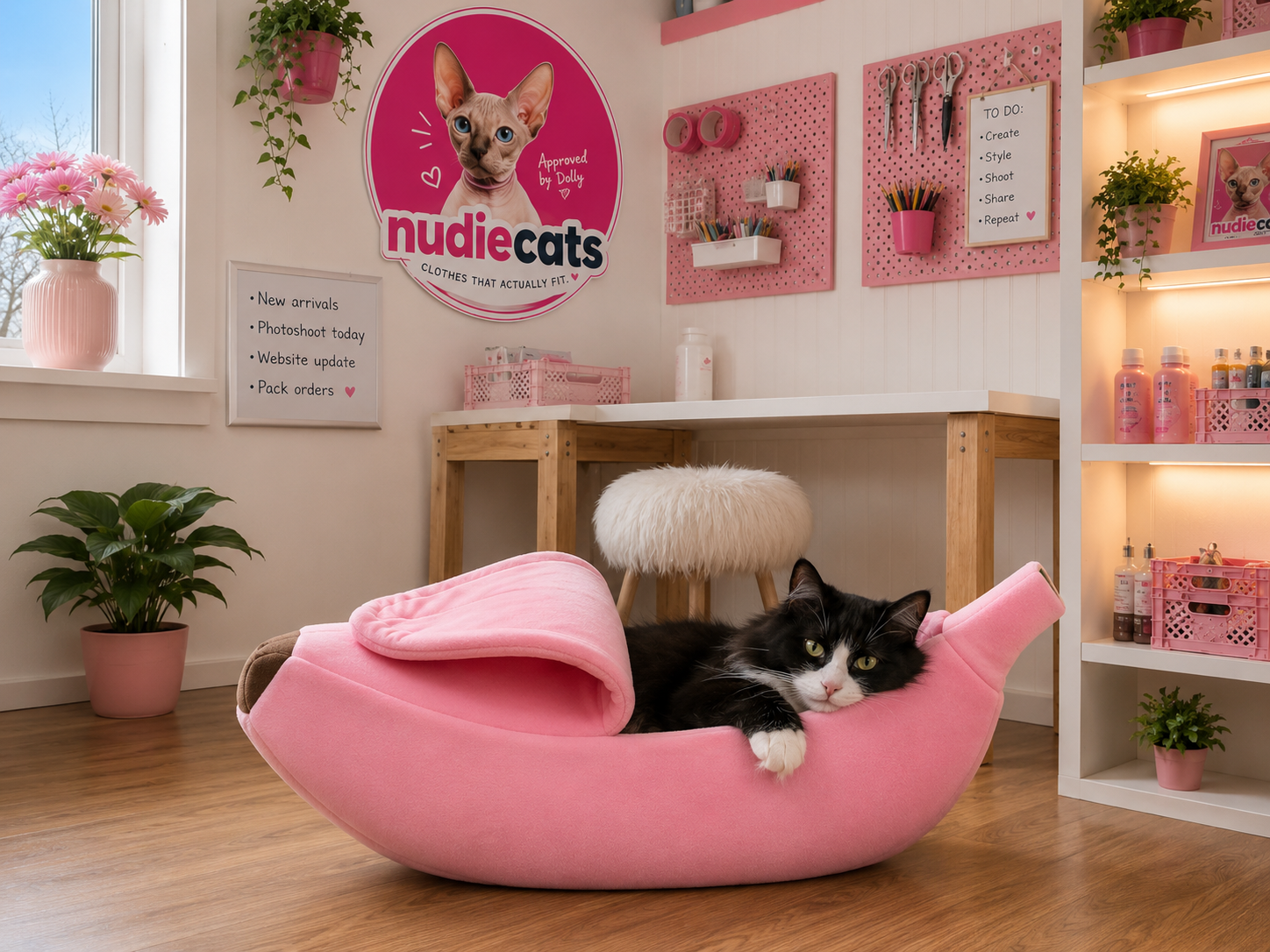 Blush Pink Banana Burrow cat bed lifestyle view with a black and white cat resting inside.