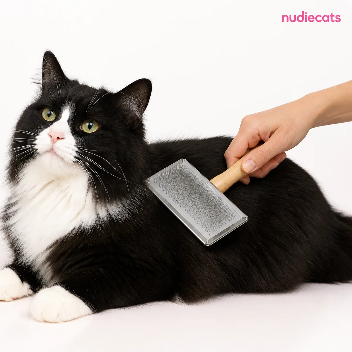 Black and white cat being gently groomed with the Purrfect Undercoat Slicker Brush