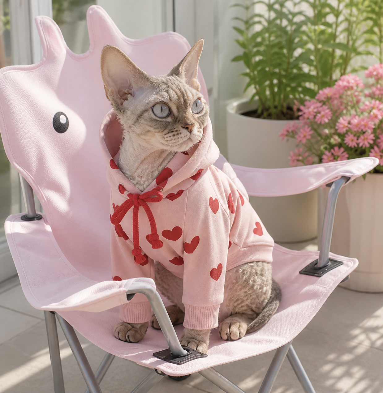 Sphynx cat wearing the Roseheart Pink Lovebug Heart Cat Jumper on a pink chair
